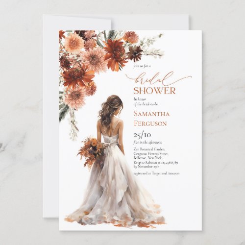 Watercolor terracotta fall flowers wedding gown invitation