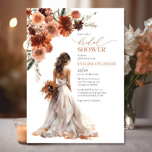 Watercolor terracotta fall flowers wedding gown invitation