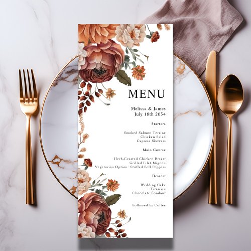 Watercolor Terracotta Floral White Wedding Menu