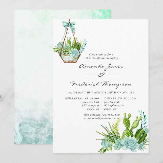 Watercolor Terrarium Succulents Rehearsal Dinner Invitation (Front/Back)