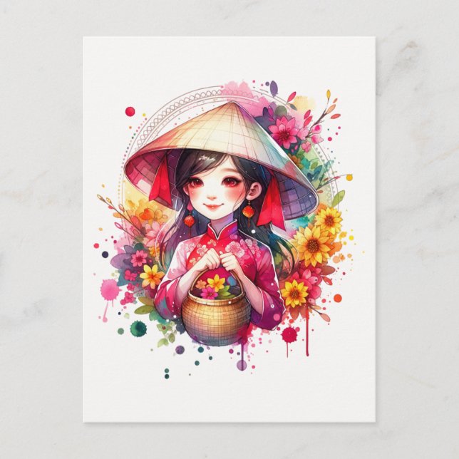 Watercolor Tet Girl Holiday Postcard (Front)