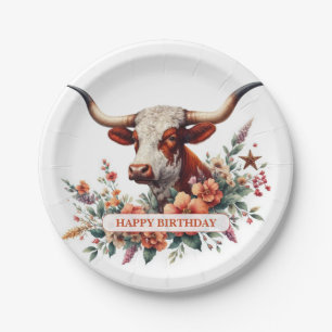 Watercolor Texas Longhorn Birthday Paper Plates