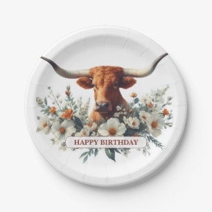 Watercolor Texas Longhorn Birthday Paper Plates