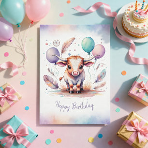 Watercolor Texas Longhorn Happy Birthday Card