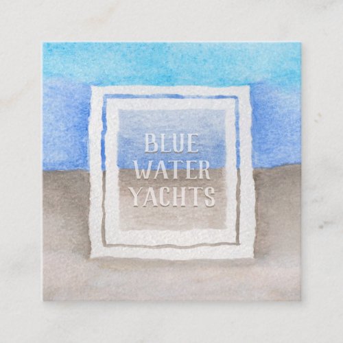 Watercolor Text Over Blue  Tan Sea Beach Theme Square Business Card