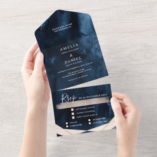 Watercolor Texture Moody Navy Blue Pink  Wedding All In One Invitation