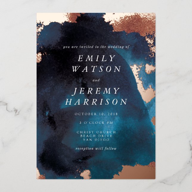 Watercolor Texture Moody Navy Wedding Foil Invitation (Front)