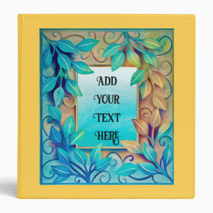Watercolor textures colorful leaves, golden border 3 ring binder