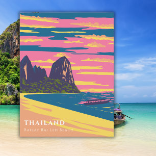 Watercolor Thailand Beach Travel Art Deco Postcard