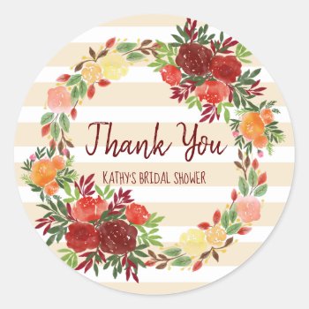 Watercolor Thank You Bridal Shower Wedding Wreath Classic Round Sticker by BCMonogramMe at Zazzle