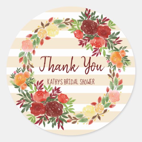 Watercolor Thank You Bridal Shower Wedding Wreath Classic Round Sticker