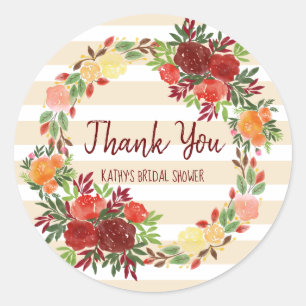 Watercolor Thank You Bridal Shower Wedding Wreath Classic Round Sticker