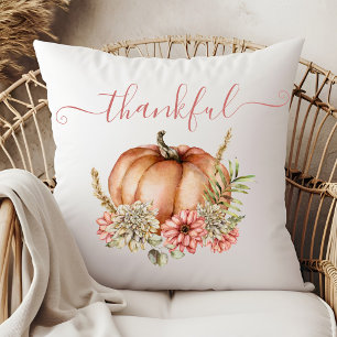 Watercolor Thankful Autumn Fall Pumpkin Floral Thr Throw Pillow