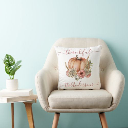 Watercolor Thankful Autumn Fall Pumpkin Floral Throw Pillow