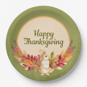 Watercolor Thanksgiving Bunny, Acorns, Berries Paper Plates