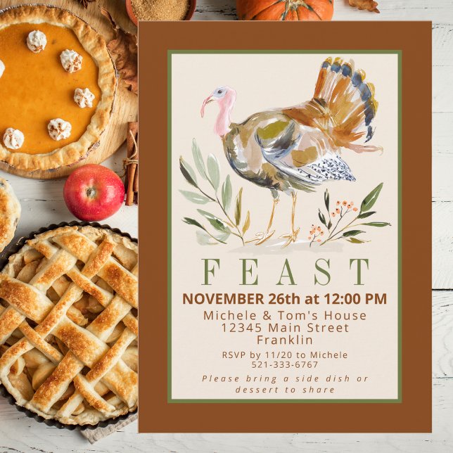 Watercolor Thanksgiving Feast Turkey Foliage Invitation (Creator Uploaded)