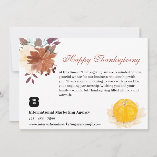 Watercolor Thanksgiving For Business Client  Holiday Card (Front)