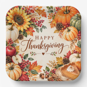 Watercolor Thanksgiving Harvest Autumn Pumpkin Paper Plates