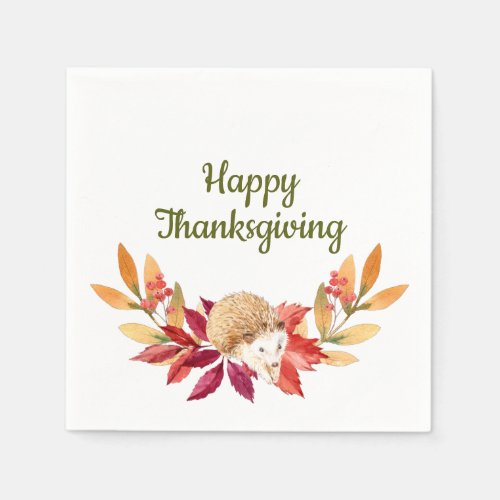 Watercolor Thanksgiving Hedgehog Acorns Berries Napkins