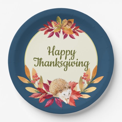 Watercolor Thanksgiving Hedgehog Acorns Berries Paper Plates