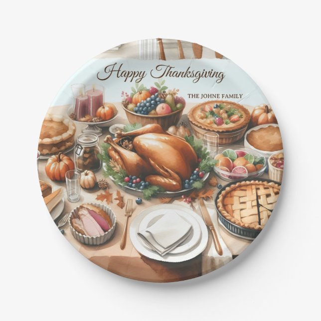 Watercolor Thanksgiving Illustration Paper Plates (Front)
