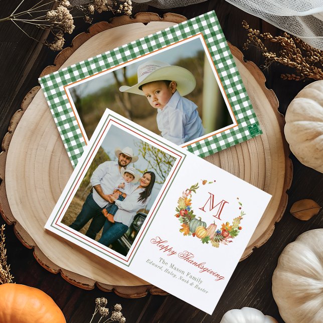 Watercolor Thanksgiving Monogram Wreath Photo Holiday Card (Creator Uploaded)