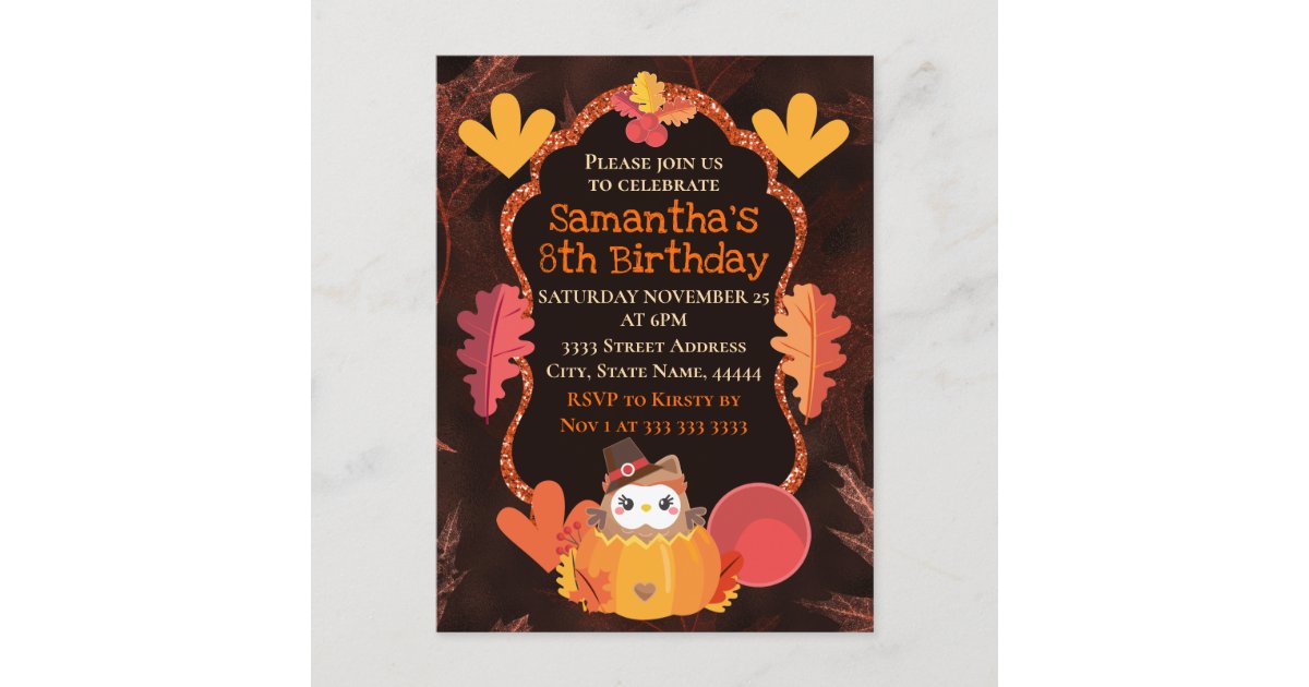 Watercolor Thanksgiving Owl and Pumpkin Birthday Postcard | Zazzle