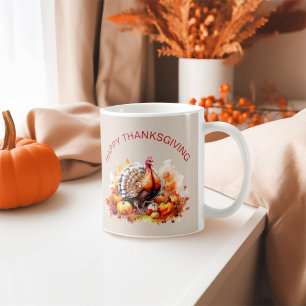 Watercolor Thanksgiving Turkey and Pumpkins Coffee Mug
