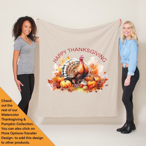 Watercolor Thanksgiving Turkey and Pumpkins  Fleece Blanket