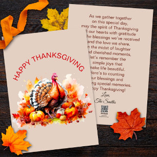 Watercolor Thanksgiving Turkey and Pumpkins Holiday Card