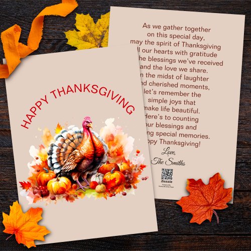 Watercolor Thanksgiving Turkey and Pumpkins  Holiday Card