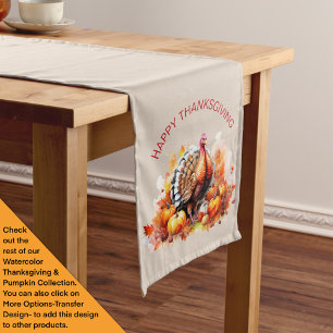 Watercolor Thanksgiving Turkey and Pumpkins Long Table Runner