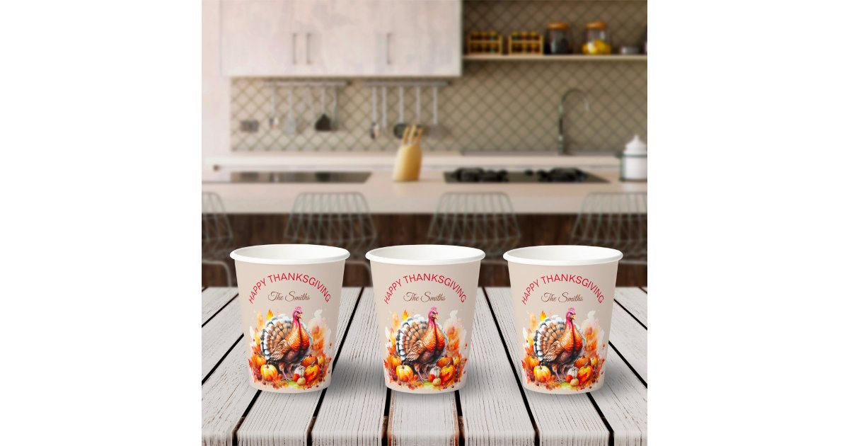 Watercolor Thanksgiving Turkey and Pumpkins Paper Cups | Zazzle