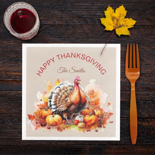 Watercolor Thanksgiving Turkey and Pumpkins  Paper Dinner Napkins