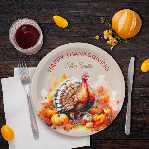 Watercolor Thanksgiving Turkey and Pumpkins Paper Plates