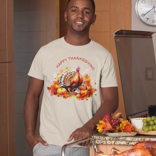 Watercolor Thanksgiving Turkey and Pumpkins  T_Shirt