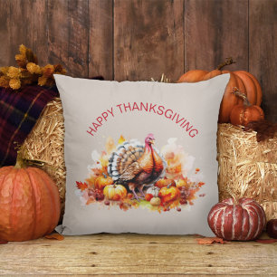 Watercolor Thanksgiving Turkey and Pumpkins Throw Pillow
