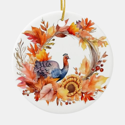 Watercolor Thanksgiving Turkey Frame Ceramic Ornament