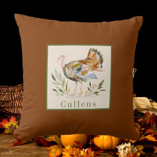 Watercolor Thanksgiving Turkey Personalized Fall Throw Pillow