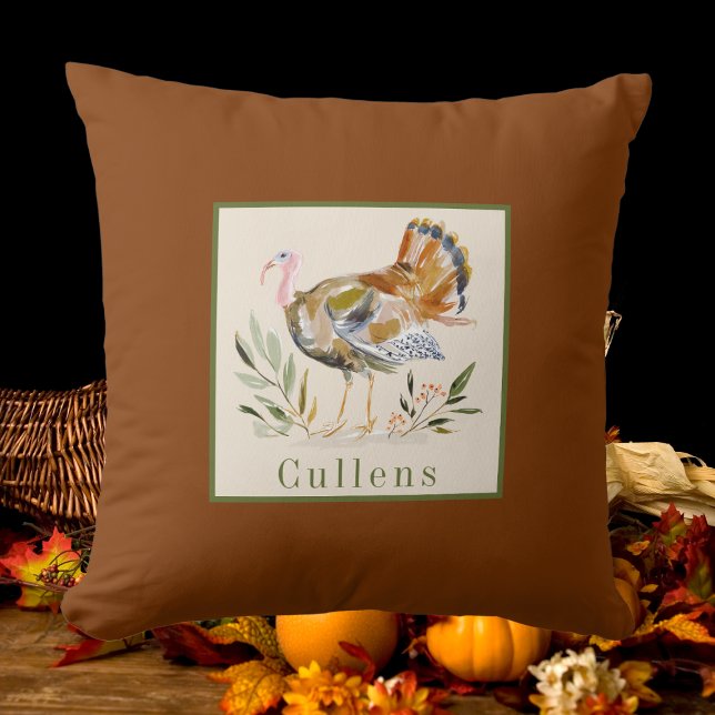 Watercolor Thanksgiving Turkey Personalized Throw Pillow (Creator Uploaded)