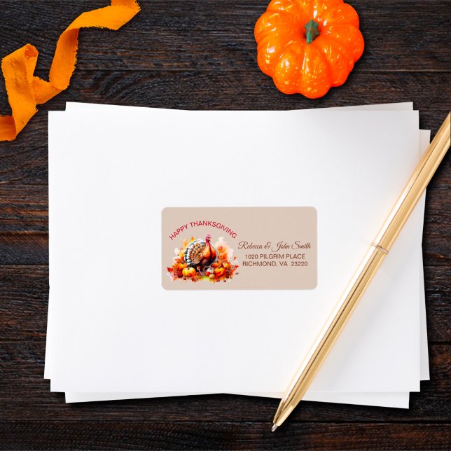 Watercolor Thanksgiving Turkey & Pumpkins Address  Label (Creator Uploaded)