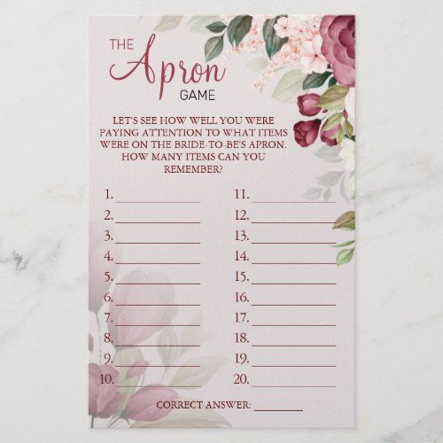 Watercolor  The Apron Bridal shower game card Flyer