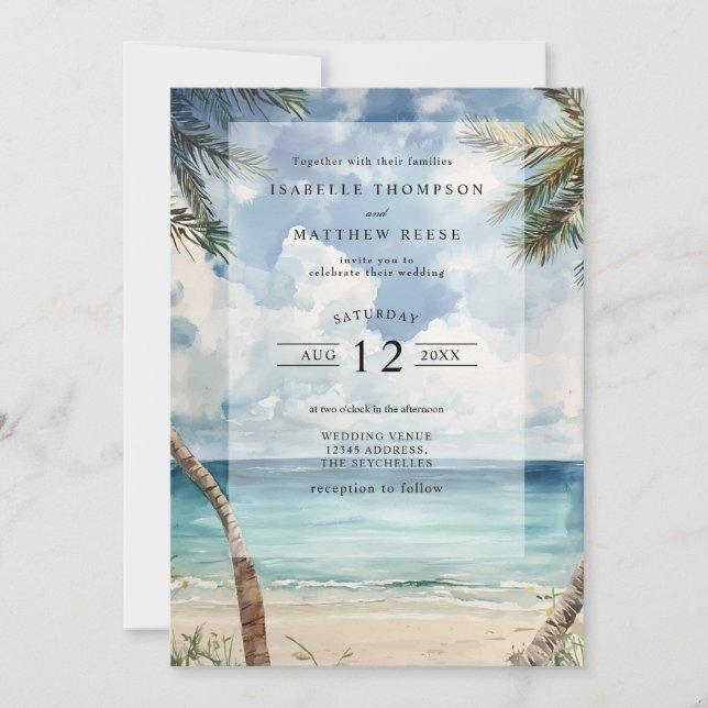 Watercolor The Seychelles Tropical Beach Wedding Invitation (Front)