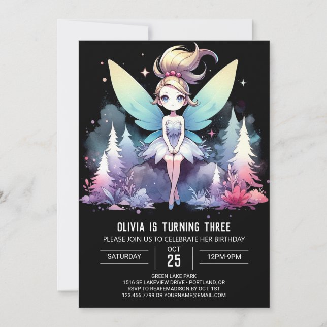 Watercolor Theme Fairy Birthday Invitation (Front)