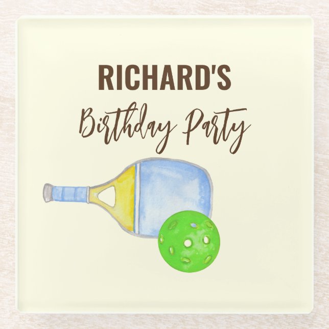 Watercolor Theme Pickleball Light Birthday Party Glass Coaster (Front)