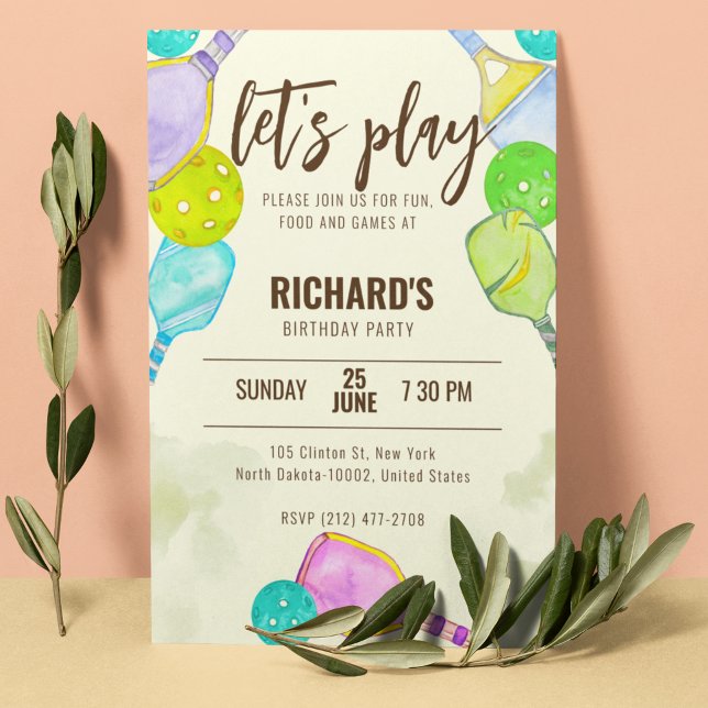 Watercolor Theme Pickleball Light Birthday Party Invitation (Creator Uploaded)