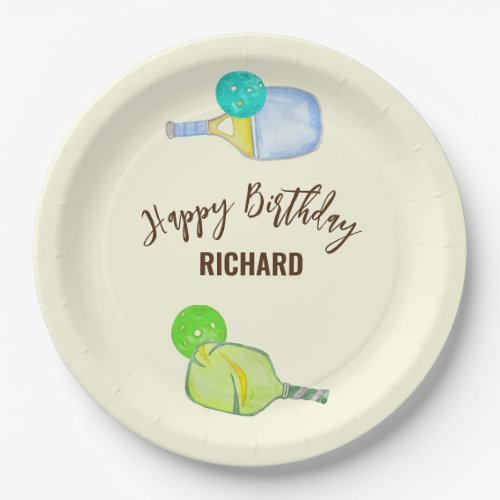 Watercolor Theme Pickleball Light Birthday Party Paper Plates