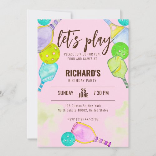 Watercolor Theme Pickleball Pink Birthday Party Invitation