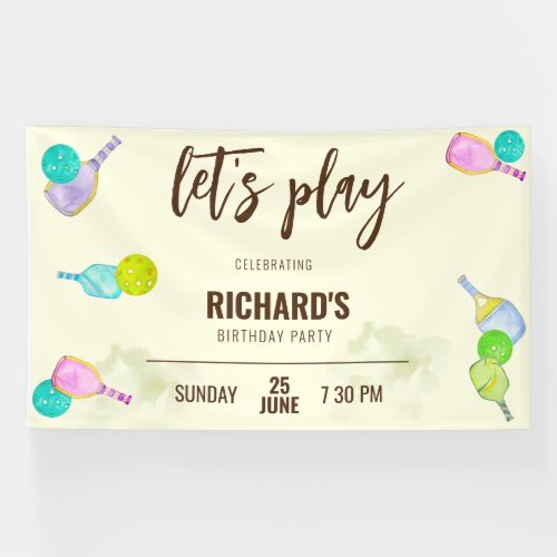 Watercolor Theme Pickleball Sports Birthday Party Banner