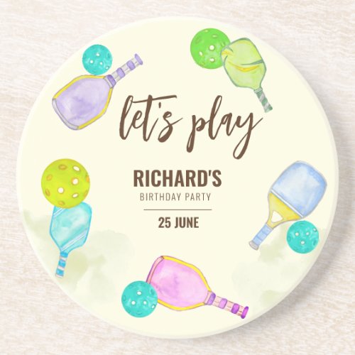 Watercolor Theme Pickleball Sports Birthday Party Coaster